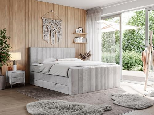 MKS MEBLE King Boxspringbett 180x200, Polsterbett 180x200 mit Bettkasten, Bett 180x200 mit Multipocket-Matratze H3, Boxspringbett 180x200 mit Kopfteil und Topper - H3 Hellgrau Velvet - Doren