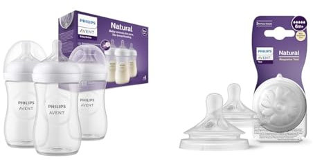 Philips Avent Lot de 3 biberons à Réponse Naturelle de 260 ml sans BPA & Avent Lot de 2 tétines pour biberon à Réponse Naturelle 0% BPA, Débit 5 pour Bébé de 6 mois + (modèle SCY965/02)