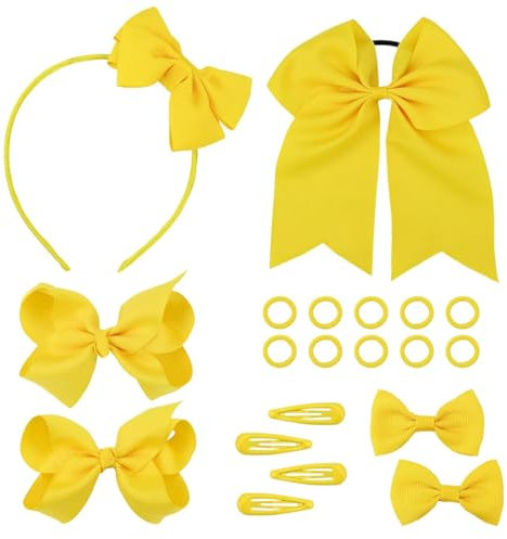 Juego de 20 Piezas Accesorios para el Cabello con Lazo, Pinzas y Banda Elástica para Niñas - Regalo Festival (Amarillo)