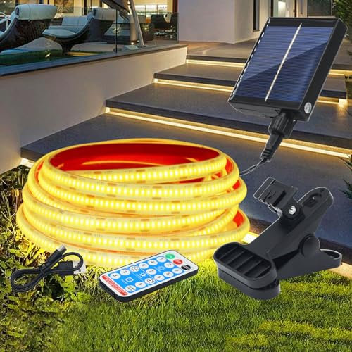Wisada 12V Solar COB LED Band 3m, 8 Modi Lichtband Außen IP68 Lichterkette Selbstklebend, 320LEDs/m Superheller Warmweiß COB LED Strip Cuttable LED Streifen Mit Fernbedienung für Terrasse, Innenhof