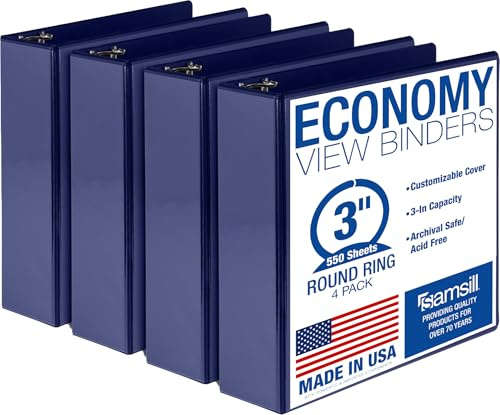 Samsill Economy 3-Ringbuch, 7,6 cm, hergestellt in den USA, runder Ringbuch, anpassbarer Klarsichtdeckel, blau, 4 Stück