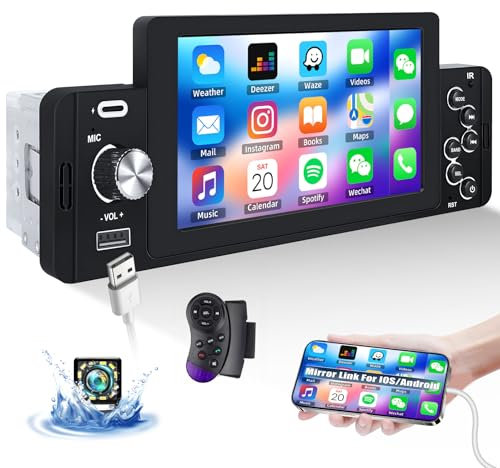 CAMECHO Autoradio 1 Din mit 5 Zoll Touch Bildschirm, Kompatibel mit IOS/Android Mirror Link, Touch Display mit Bluetooth Freisprecheinrichtung FM EQ SWC TF/USB/AUX/Type-C +Rückfahrkamera