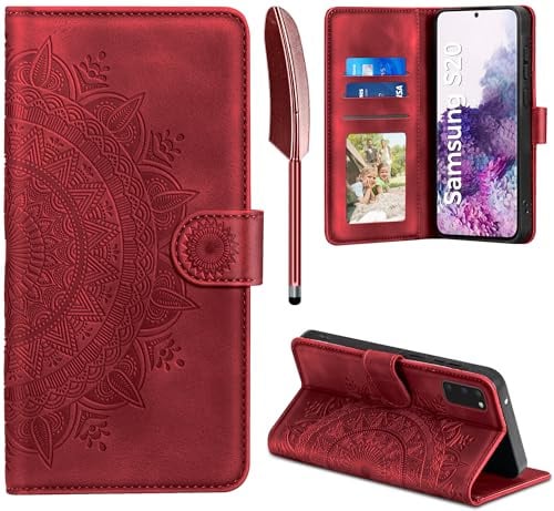EASDNB Lederhülle für Samsung Galaxy S20 Hülle, Handyhülle für Galaxy S20 Flip Wallet PU Leder Case [Kartenfach] [Magnet] [Ständer] Prägung Klapphülle Schutzhülle für Samsung Galaxy S20, Rot