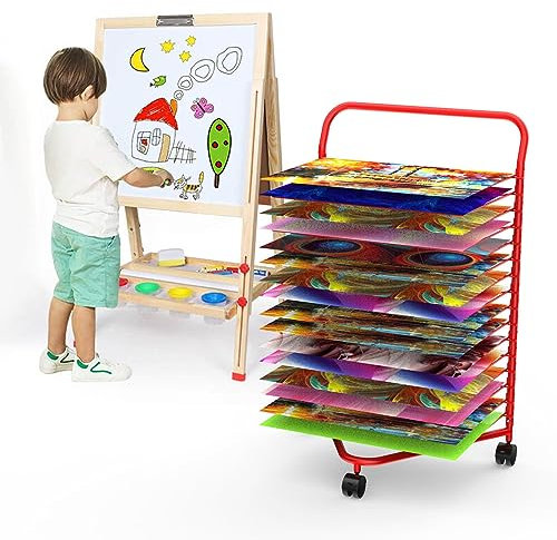 FBJAMZ Kunst-Trockenständer, Gemälde-Trockenständer mit Rollen, mobiler Druck-Trockenständer für Schulen, Kunstvereine (Red 55x44x85.5cm)