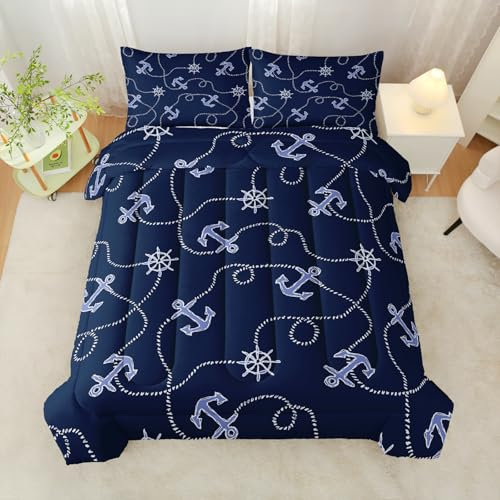 QOOMO Marineblaues Bettwäsche-Set mit Anker-Motiv, Segelboot, Anker, bedrucktes Bettwäsche-Set für Kinder, Teenager, Zimmer-Dekor, nautisches Design, gestreift, Doppelbett-Bettwäsche-Set mit 1