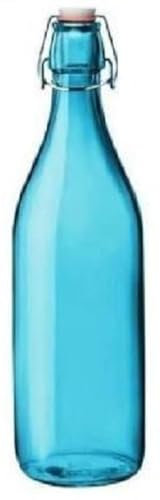 KWARE Botellas de vidrio de estilo vintage de 1 litro, ideales para uso doméstico o comercial, llénalas con agua, vino, licor, aceite, cerveza, licor o cordiales (azul claro)