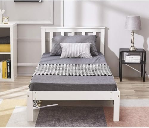 Panana 3FT Single Bed Frame Pine Wood Bed with Slats Bed for Kids (White, Single - No Foot End)