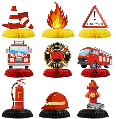 GEBETTER 9 Stück Feuerwehr Party Deko Tischdeko Feuerwehrauto Bienenwabe Mittelstücke Dekoration Kinder für Geburtstagsparty Mottoparty Kindergeburtstag Party Geburtstag Partyzubehör Kinderparty