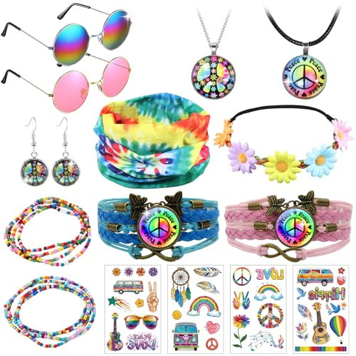 Fractoluxe 16STK Hippie Accessoires Herren Damen 70er Jahre Set Hippie Kostüm Accessoires Hippie Schmuck mit Runde Sonnenbrille Peace Zeichen Halskette Buntes Hippie Stirnband für Fasching Karneval