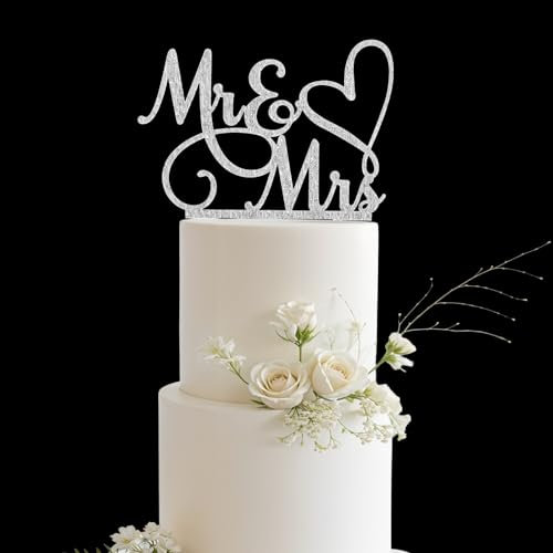 Mr and Mrs Cake Topper, Wedding Cake Toppers Bride and Groom, Wedding Cake Decorations, Mirror Gold Acrylic Topper for Weding, Engagement, Anniversary(Silver)
