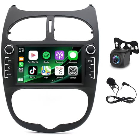 Android 13 Autoradio pour Peugeot 206 206CC 206SW 2000-2008 2G+32G 7 Pouces Écran CarPlay et Android Auto sans Fil Autoradio GPS Navigation de Voiture avec WiFi Bluetooth FM/RDS EQ SWC Caméra de Recul