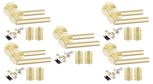 Golden Grace T-Bar Door Handles with Latch & Hinges, 5 Sets Satin Brass | Sleek rose base design offers a secure grip, complete with 3-inch ball bearing parts and a 63mm internal fitting.