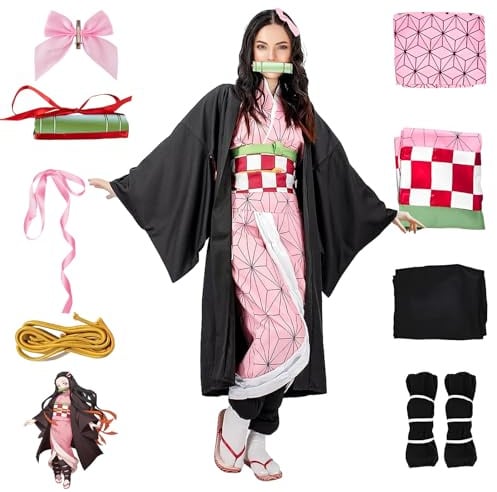 yumcute Nezuko Tanjiro Cosplay Costume with Accessories, Anime Cosplay Costume Kimono Outfit, Carnival Halloween Party Costume