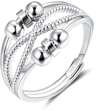 Deyanse 925 Sterling Silver Anxiety Ring, Fidget Rings for Anxiety Women, Stress Spinner Rings with 6 Beads, Unisex Anti-Stress Thumb Ring, Adjustable Open Relief Stressring Gifts for Family Friend