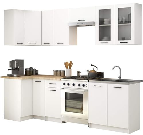 AKORD Küchenmöbel-Set OLIWIA 3.0m H720 Modulares Weiß 300 cm 11 Türen 1 Schublade, Küche Komplett, Kitchen Cabinet Set, Küchenschränke, Standschränke, B300xH203xT46 cm, Weiß & Weiß