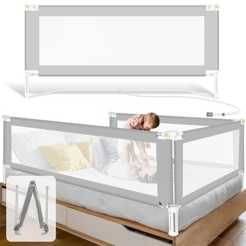 Jopassy Bettgitter 200cmx2+180cmx1, Bettgitter Rausfallschutz Bett Klappbar mit U-förmige Basis, Bettschutzgitter Kinderbettgitter Höhenverstellbar 68-95cm für Kinder & Elternbetten, Grau