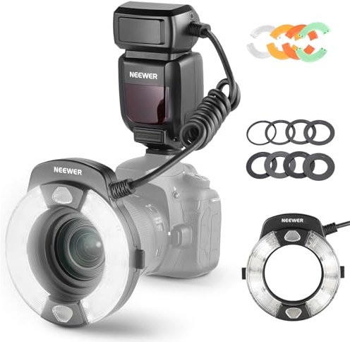 NEEWER 76Ws Marco Ring Flash Light Kompatibel mit Canon, 1-1/128 Leistung, GN15 Blitz 5600K TTL Blitzlicht Sync mit vorderem/hinterem Verschlussvorhan, Objektivadapter für Makrofotografie Licht, RF1-C