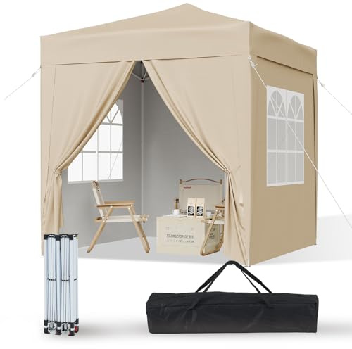 Aoxun Pop Up Pavillon 2x2m Wasserdicht mit 4 Seitenwänden, Metallrahmen-Schutzzelt, Höhe Verstellbar, Faltpavillon 2x2 mit Tragetasche für Camping Party,Beige