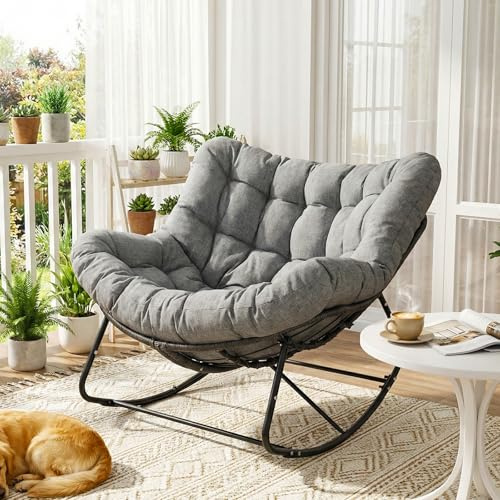 LIFERUN Schaukelstuhl mit Rattan, Ei-Schaukelstuhl, Belastung 150 kg | Schaukelsessel Oversized, mit dickem Abnehmbar Polster, Metallrahmen, Loungesessel für Garten Balkon Wohnzimmer, Grau