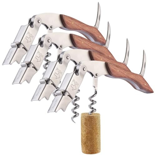 Rosenstein & Söhne Wein-Zubehör: 4er-Set Edelstahl-Kellnermesser und -Korkenzieher mit Rosenholz-Griff (Flaschenöffner mit Holzgriffen, Korkenzieher mit Hebelmechanismus)