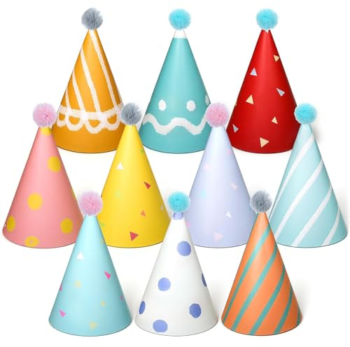 10 Stück Geburtstag Partyhüte Set, Mini-Bunt-Plüsch-Bommel-Kegelhut, Niedlicher Mini-Geburtstagshut, perfekt für Plüschtiere und Haustiere, Party Zubehör für Geburtstag, Kegel Hüte aus Papier