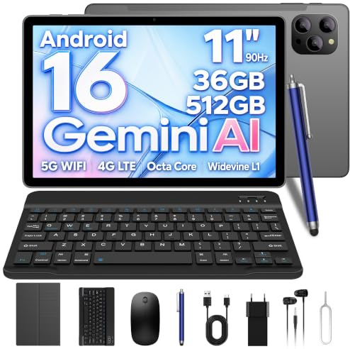 GLOSSPIN Tablet 11 Pollici Android 16 con 36GB RAM+512GB ROM (2TB TF),4G LTE & 5G WiFi,Octa-Core,8000mAh, 13MP+8MP/Widevine L1/Gemini AI/GPS/18W/Face ID/BT 5.0, Tablet con Tastiera,Grigio