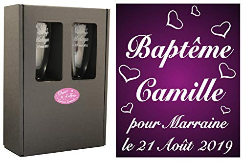 2 Flûtes à Champagne Gravées Modèle Envolée de Coeurs avec Boîte Cadeau - Cadeau Parrain ou Marraine – Verre de Baptême Communion – Coupe de Champagne personnalisée (demande annonce naisance)