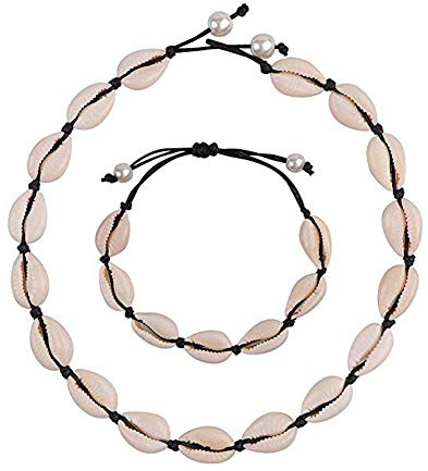 CAREOR Natural Shell Choker Necklace Seashell Necklace Adjustable Puka Shell Necklace Bracelets Set Hawaiian Jewelry for for Women Men Girls Ladies
