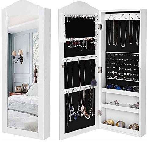 BAKAJI Specchiera Portagioie da Parete Muro Armadietto Portagioielli con Anta Porta Oggetti e Specchio Interno Armadio Organizer Porta Gioielli Colore Bianco (96 x 35 x 9,5 cm)