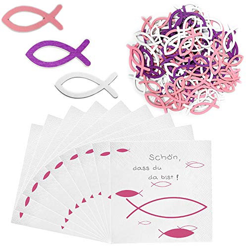 Nsiwem 180 Stück Holzfisch Deko (Rosa, Lila, Weiß) mit 50pcs Servietten (33x33 cm) für Taufe, Kommunion & Konfirmation