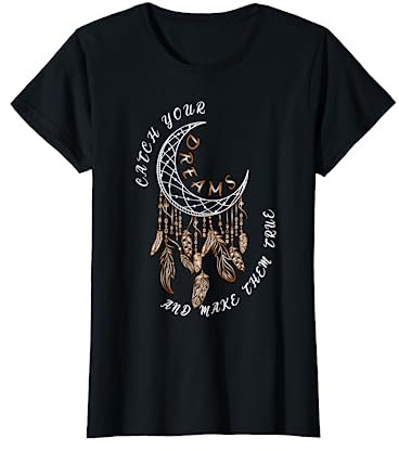 Mond Traumfänger Federn Bohemian Style - Damen T-Shirt, Schwarz, S, Böhmisch, Cartoon, Klassisch, Halbarm, Pull-On, Klassische Passform, Dreamcatcher-Design