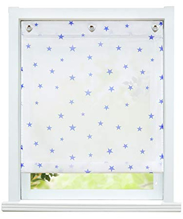 ESLIR Raffrollo ohne Bohren Raffgardinen mit Ösen Voile Gardinen Küche Transparent Ösenrollo mit Haken Sterne-Motiven Blau BxH 80x140cm 1 Stück