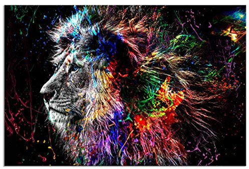 decomonkey - Impression sur Toile Intissé Lion Abstrait 120x80 1 Pièce - Tableau Décoration Appartement Cadre en Bois Déco Salon Peinture sur Toile Maison Afrique chats colorés lions animaux