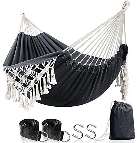 Anyoo Hamac de Jardin Exterieur Coton Hamac à Pampilles Macramé avec Sangles d'arbre, Hamac Compact Portable avec Sac de Transport pour Balcon Patio Porche Yard