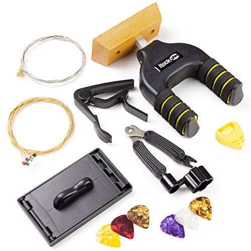 RockJam Universal Guitar Accessories Super-kit with Wall Mount, Electric & Acoustic Guitar Strings, Tuner Multi-Tool, Capo, Plectrums & Pick Holder