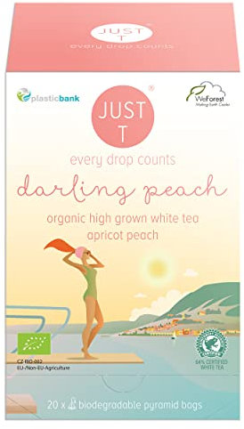 JUST T Darling Peach Pyramiden Teebeutel (20 pcs) | Bio Weißer Tee – Gemischt mit Aprikose und Pfirsich | Biologisch abbaubare Bio Teebeutel – Hochland Blatt Tee für alle Teeliebhaber