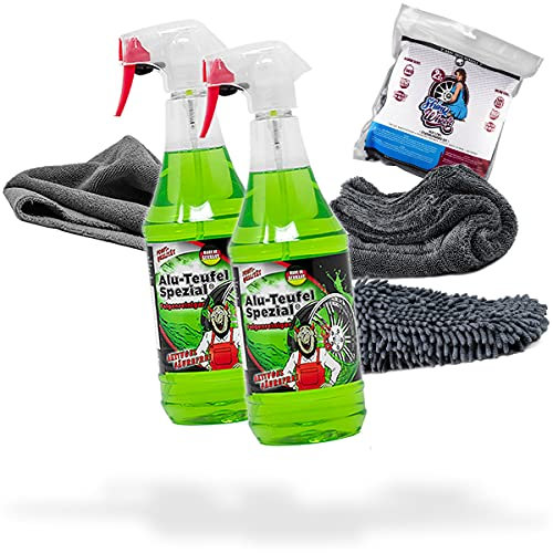 detailmate Felgen Reinigung Set: 2X Tuga Chemie Alu-Teufel 1L Felgenreiniger + Nuke Guys Shiny Wheels Set mit Tuch und Waschhandschuh + Edgeless Mikrofasertuch 380GSM