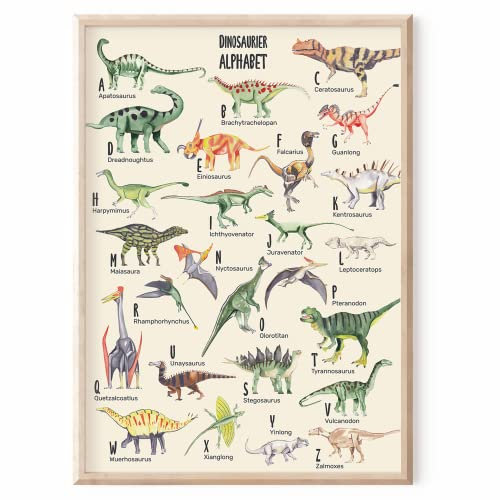 MeinBaby123® ABC Dino Poster für Kinderzimmer DIN A2 | Dinosaurier Alphabet Lernposter | Bilder für Jungen | Deko (Dino ABC Poster - 1)