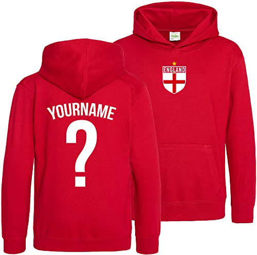 Purple Print House England Hoodys for Kids, England Flag Badge Custom Name and Number Hoodie, Football Personalised Retro Europe Summer 2022 Footy Gifts for Boys Girls, 1-2 Years, Red