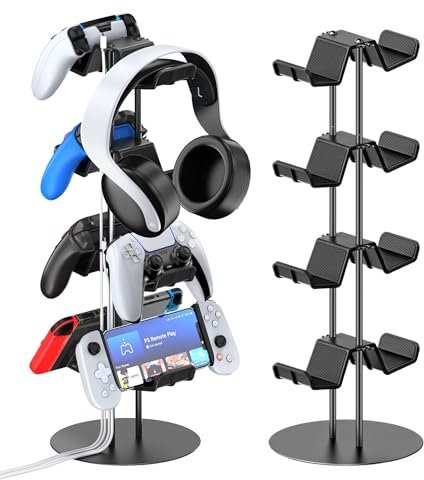 Kytok Supporto per controller a 4 livelli con organizer per cavi per scrivania, supporto universale per cuffie compatibile con Xbox PS5 PS4 Nintendo Switch, supporto per cuffie e supporti da scrivania