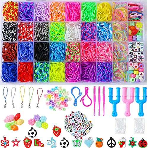 JcoGel 2500+ Gummibänder,Loom Bänder Set für Kinder, DIY Gummibänder Set für Armband, 15 Charms, 80 + Perlen, 3 Häkelnadeln, 3 Y-Loom, 96 S Clips, Geschenk für Junge Mädchen