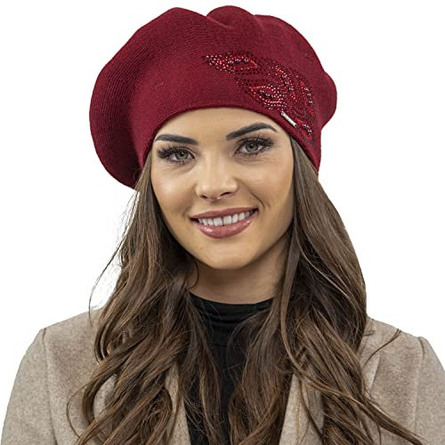 VIVISENCE Baskenmütze Für Damen Winter Herbst Warme Barette Mit Glänzender Zirkonia-Applikation Frauen Elegante Klassischem Stil Perfekte Für Herbst Und Wintertage Modell 7051, Weinrot,Einheitsgröße