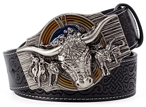 JIARY Herren Gürtel Western Gürtel Herren,Cowboy-Gürtel Long Horn Bull Western-Gürtel Kuh-Muster-Gürtel Freizeit-Cowboy-Gürtel,Black a,120CM/47.3''