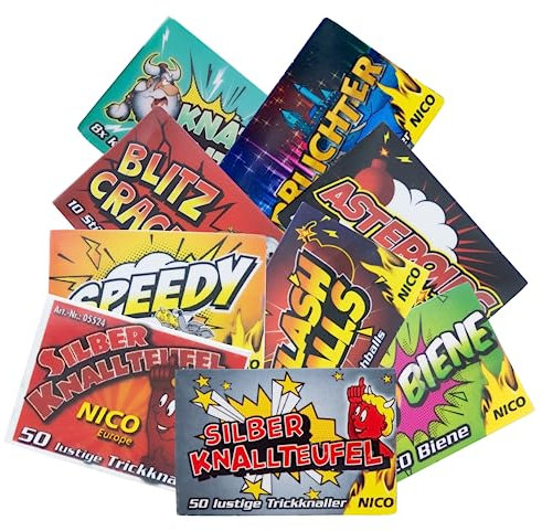 XXL Silvester Jugend Feuerwerk Knaller Paket I 150 einzelne Effekte I Jugendfeuerwerk I Ganzjahresfeuerwerk I 12 Schachteln I Knallteufel - Bienen I Party Knallbonbon I Knallerbsen I Kat 1 I