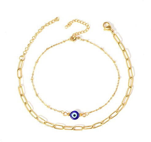 MANVEN Blaues Auge Nazar Fußkettchen Damen Mädchen Edelstahl Wasserdicht Geschichtet fußkettchen Gold Fußkette Damen Mädchen Geburtstagsgeschenk