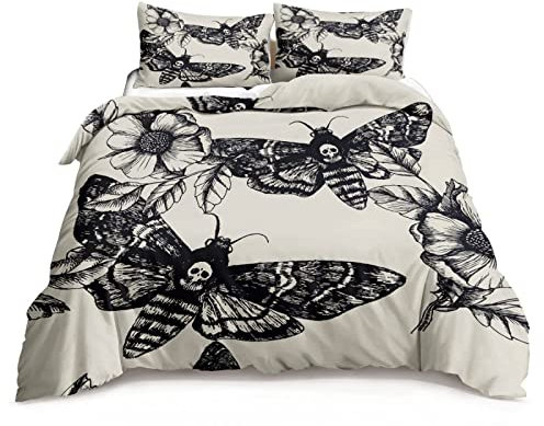 TAKOLI Bettwäsche 135 x 200 Motte Totenkopf Druck, Weiche Microfaser Böhmische Motte Bettwäsche Set 2 teilig - Gotischer Schädel Bettbezug & 1 Kissenbezüg 80x80, mit Reißverschluss