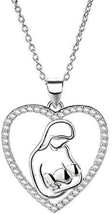 14K Necklaces for Women Gold, Necklace Diamond Heart Row Mom Holding Baby Rolo Pendant Necklace Trendy