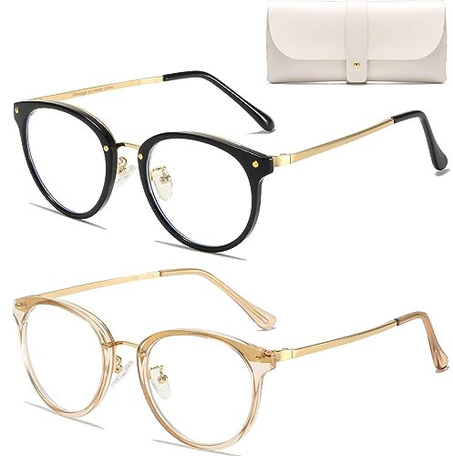 Cleoxyge Blaulichtfilter Brille Ohne Sehstärke für Damen-Herren,Metallrahmen Anti Blaulicht UV400-Schutz PC Gaming Mit Brillenetuis und Brillenputztuch (C008-2 Pack Champagner + Schwarz)