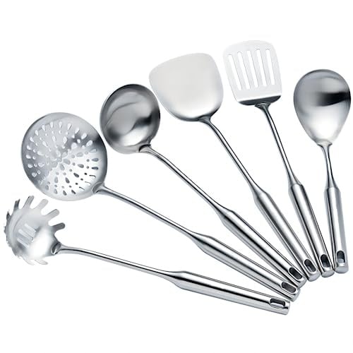 Kochutensilien-Set aus Edelstahl, Küchenutensilien, 6-teilig, Wok-Spatel, Schöpflöffel, Schaumlöffel, Nudellöffel, Servierlöffel, Schlitzspatel, Tunnel, spülmaschinenfest