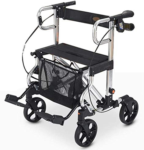 Gehhilfe mit 4 Rädern, zusammenklappbar, mit Sitz und Korb, höhenverstellbar, Vierräder-Laufwagen mit Pedal und Rückenstütze für ältere Menschen, Einkaufsgeschenk